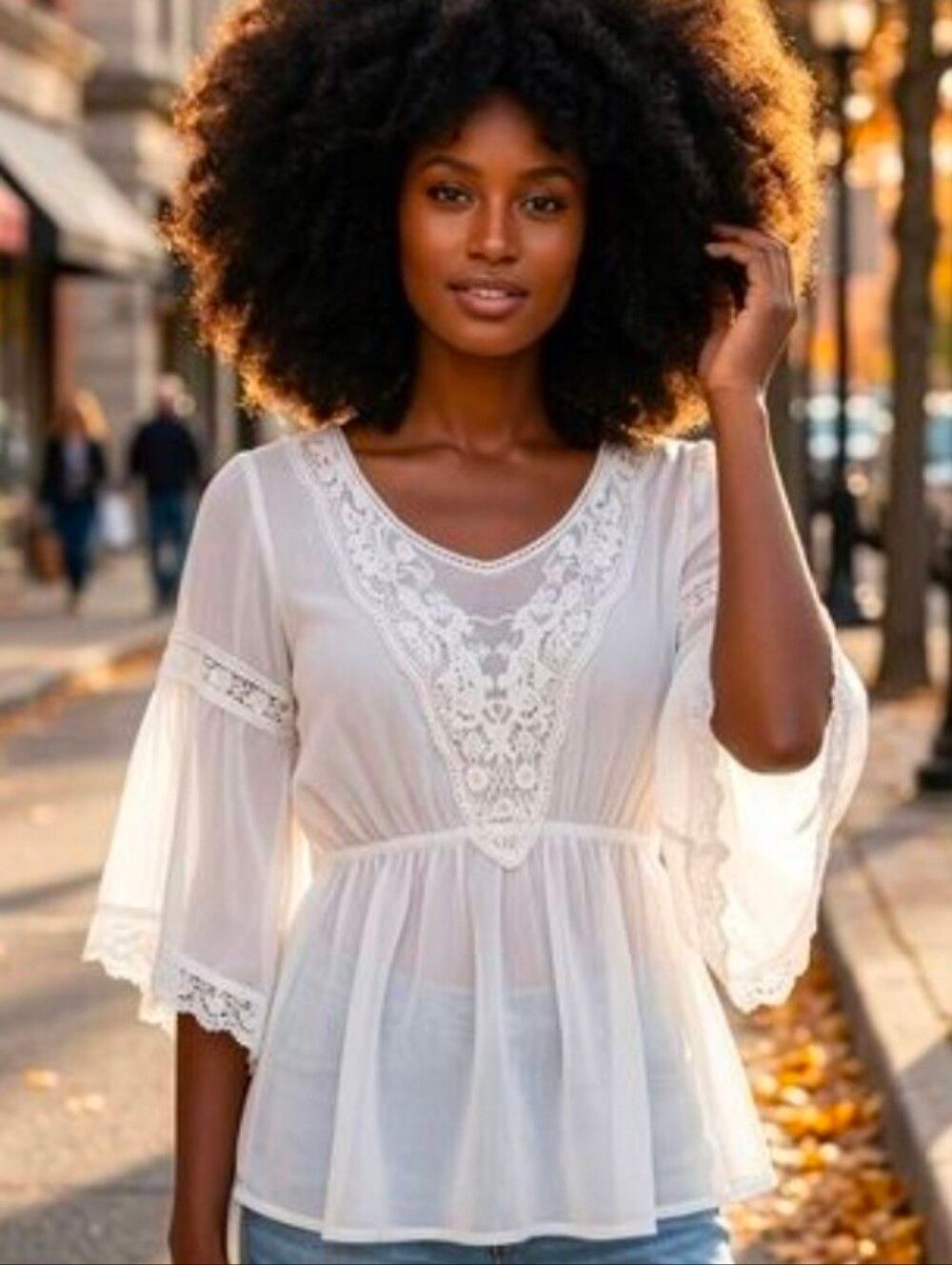 🔸️Free People White Sheer & Lace Wide Sleeve Boho Top Small